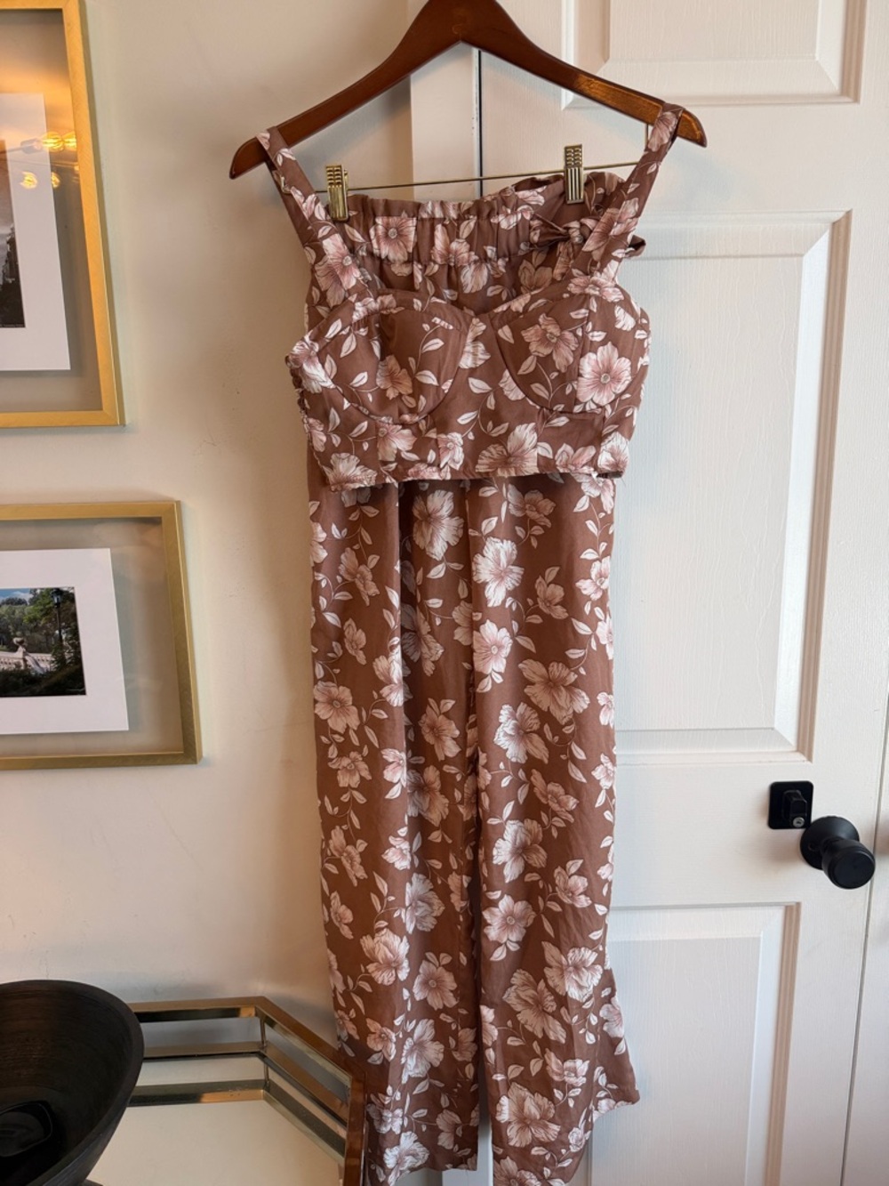 Brown Floral top and pants with White Blossoms